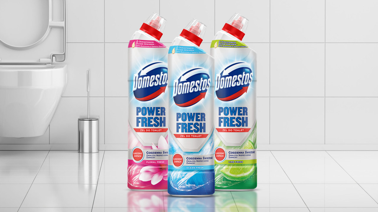 Poznaj produkty Domestos Power Fresh, dzięki którym Twoja toaleta będzie czysta i świeżo pachnieć.  
