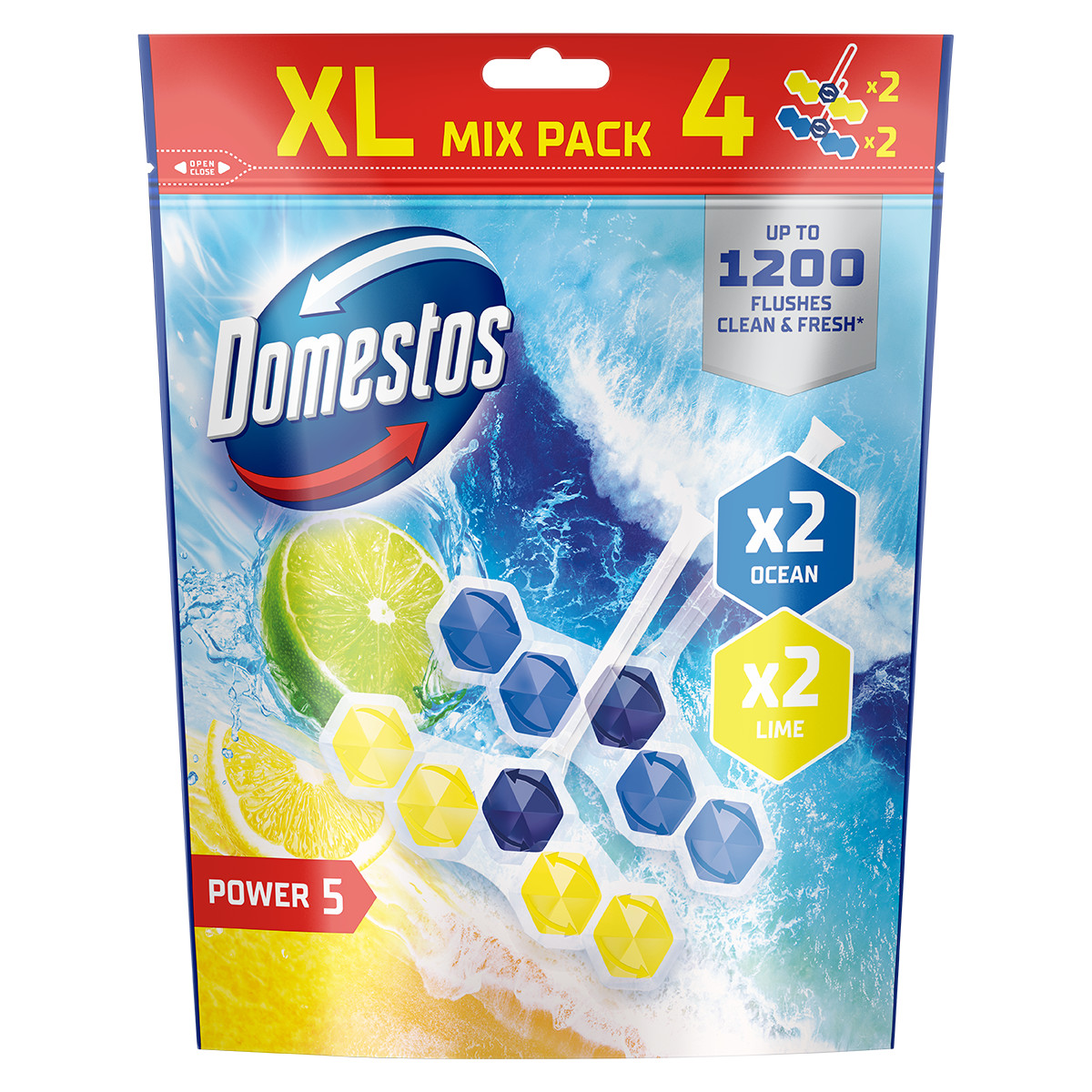 Odkryj działanie kostek zapachowych do toalet Domestos Power 5 Ocean + Lime Mix Pack, które zadbają o higienę i przyjemny zapach w Twojej toalecie.