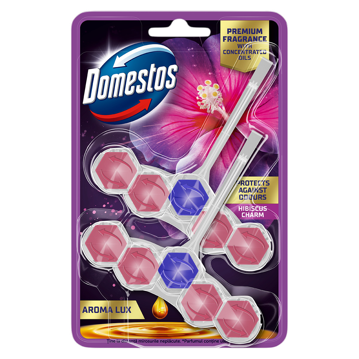 Wypróbuj kostkę zapachową do toalet Domestos Aroma Lux Hibiscus Charm, która zadba o higienę i ekskluzywny zapach w Twojej toalecie.
