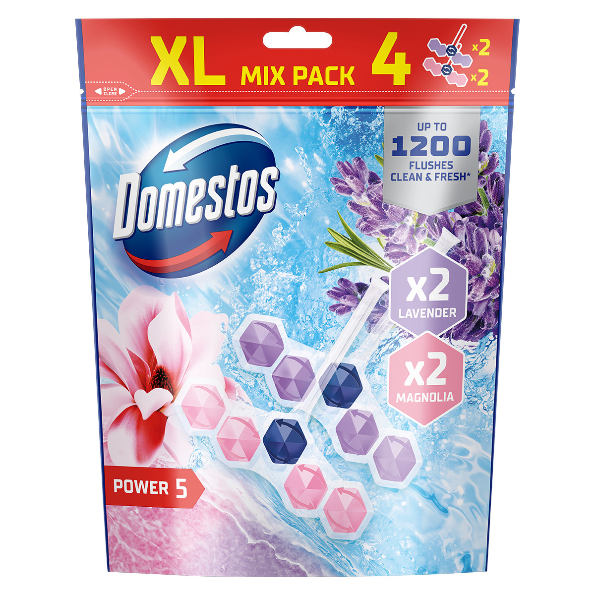 Odkryj działanie kostek zapachowych do toalet Domestos Power 5 Lavender + Magnolia Mix Pack, które zadbają o higienę i przyjemny zapach w Twojej toalecie.
